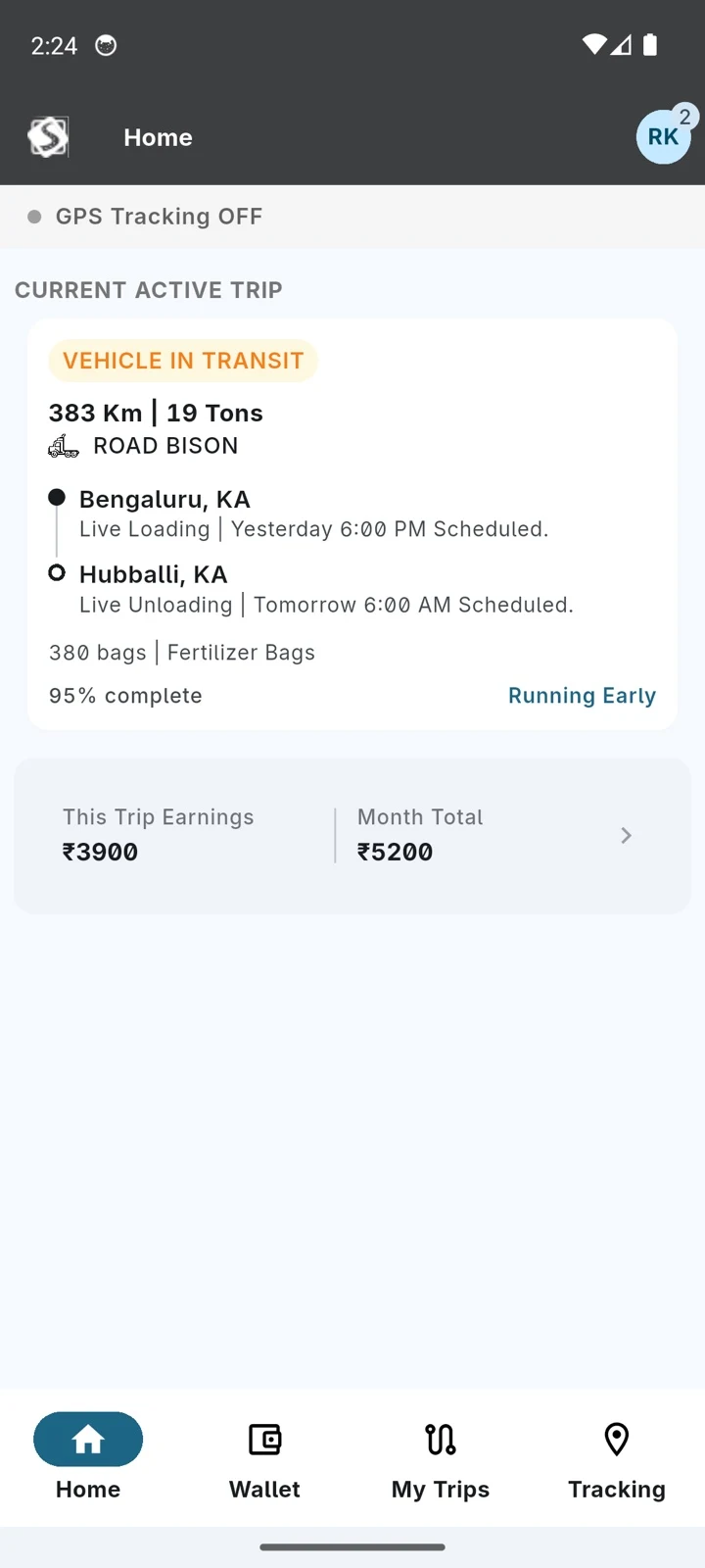 Driver home with the current trip, its progress, this trip's earnings and the month total