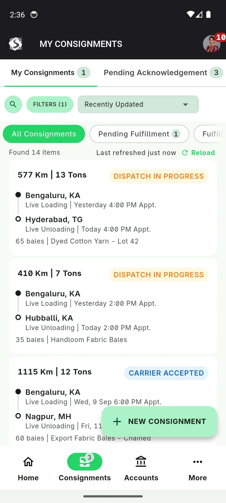 My Consignments on a phone: each dispatch with its route, load and live status