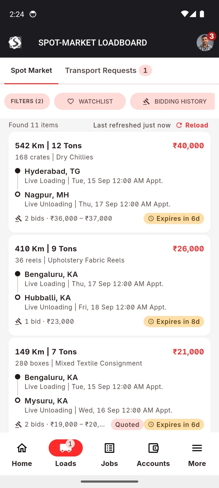 Spot market load board on the phone with distance, tonnage and target rate