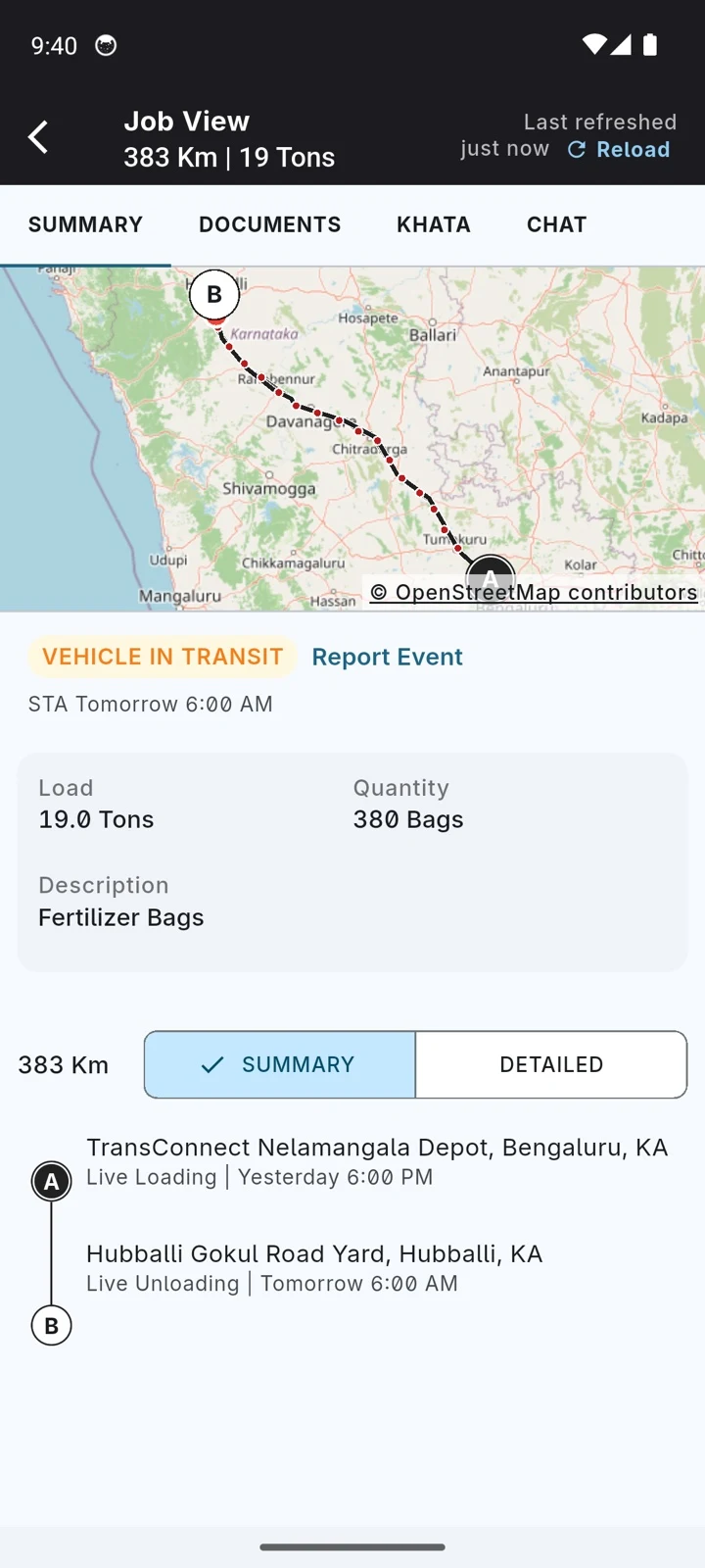 Trip detail with the route on a map, load, quantity and both stops with timings