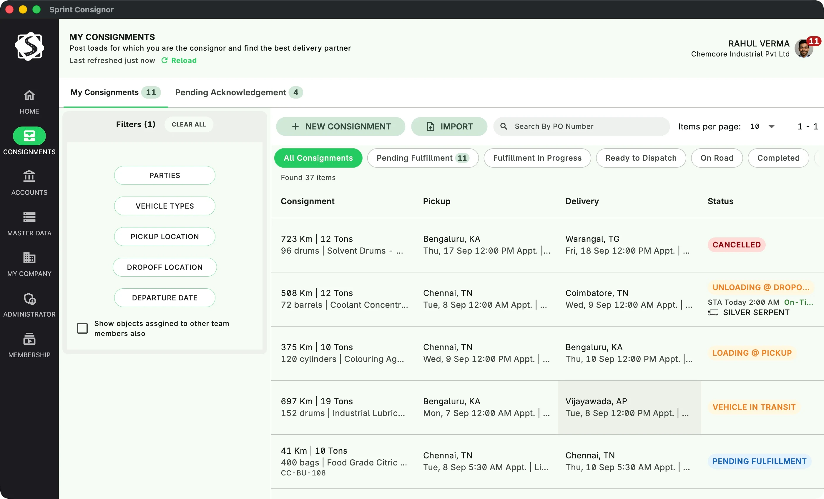 My Consignments list in Sprint Consignor with a live status on every dispatch