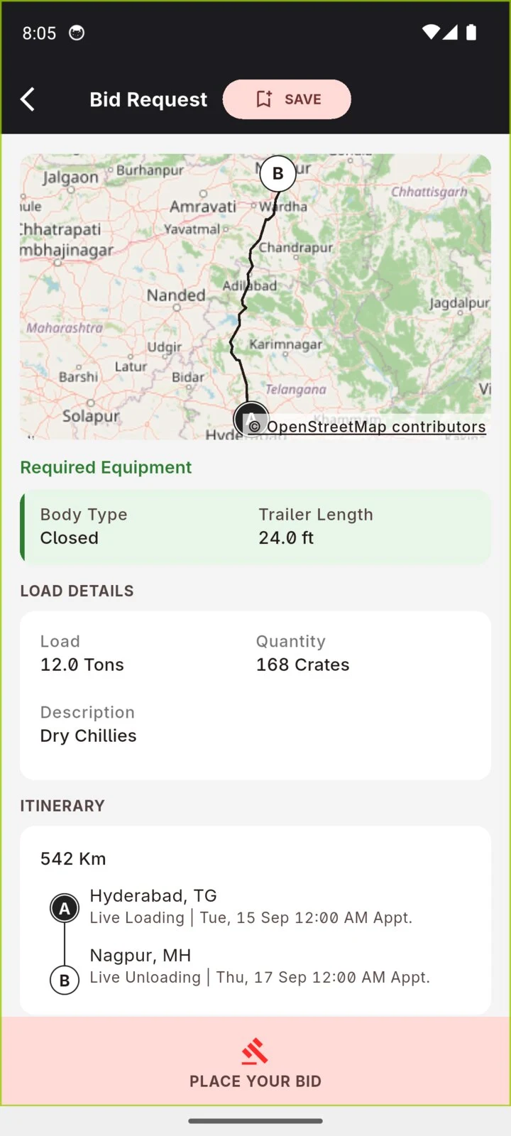A bid request on the phone: route on the map, required equipment, load details and Place Your Bid