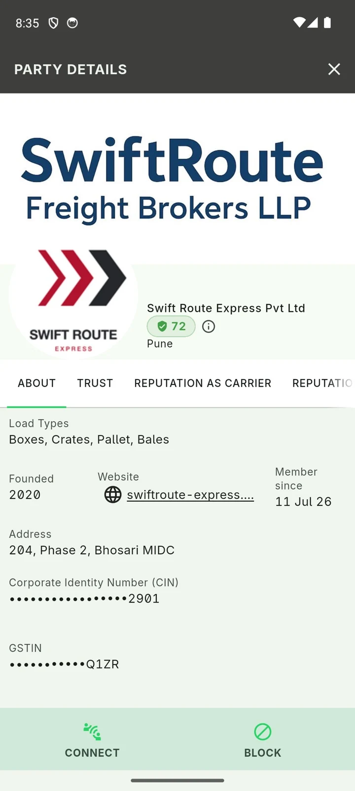 A transporter's profile on the phone with a Connect button