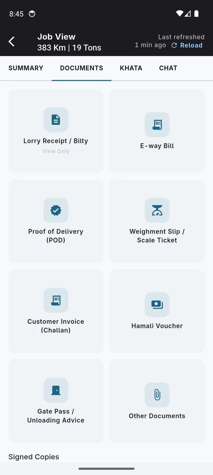 Documents grid: lorry receipt, e-way bill, proof of delivery, weighment slip and more