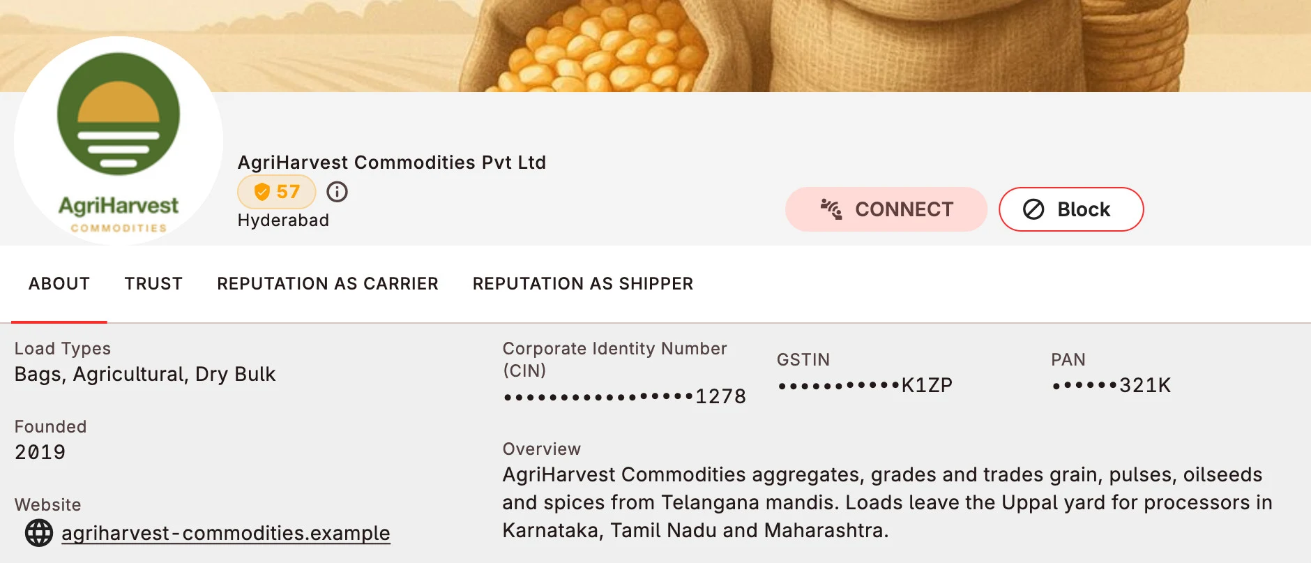 A shipper's company profile: identity documents, trust score, and reputation as a shipper and as a carrier