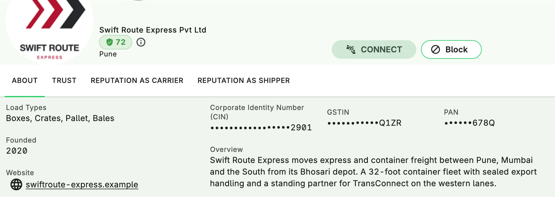 Carrier profile with trust score, company identifiers and reputation as a carrier