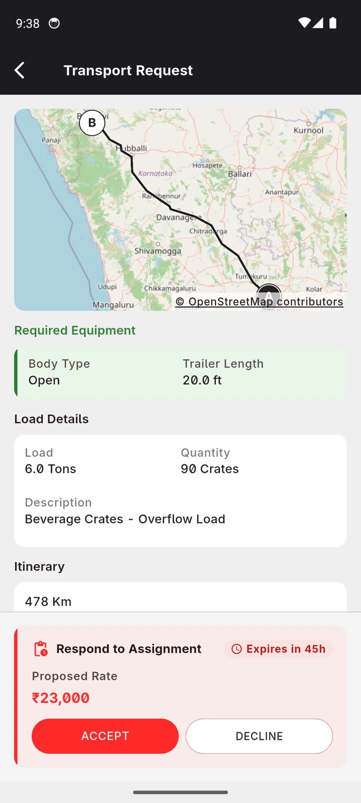 A transport request on the phone with route, load, proposed rate and Accept or Decline