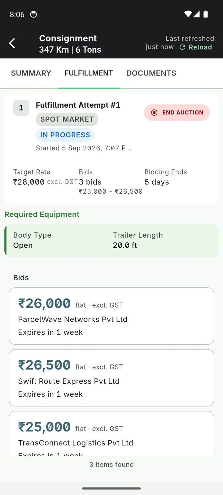 Three prices received for one load, each from a named carrier