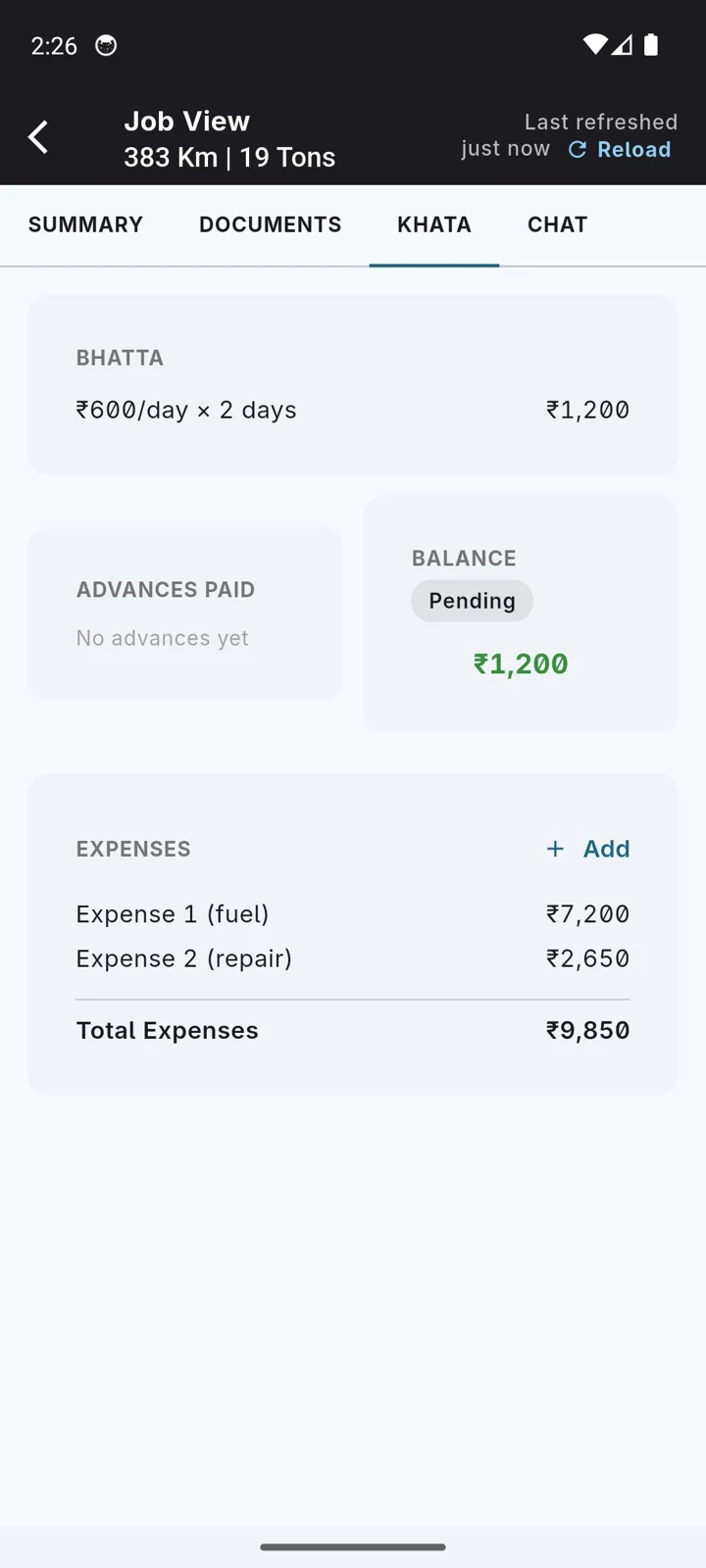 Trip khata with bhatta, advances, pending balance and an Add button for expenses