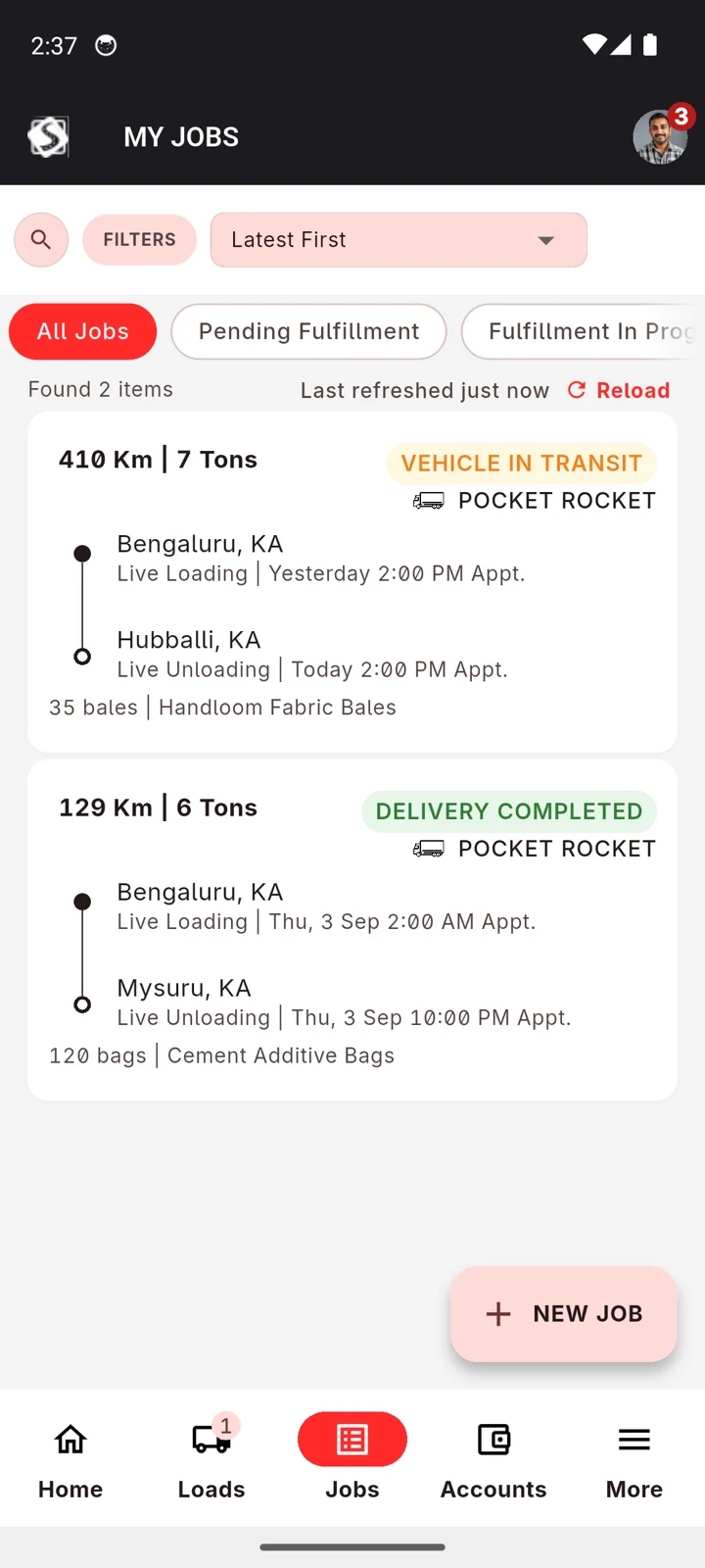 My Jobs list with status and vehicle on each job