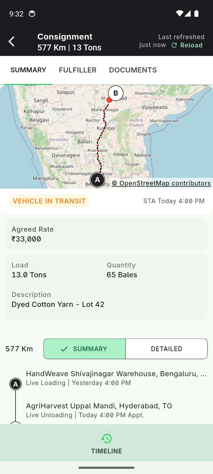 Consignment in transit on the map with expected arrival time
