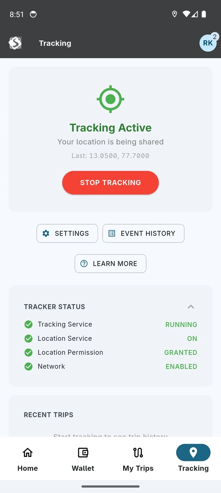 Tracking screen showing Tracking Active with a Stop Tracking button and tracker status