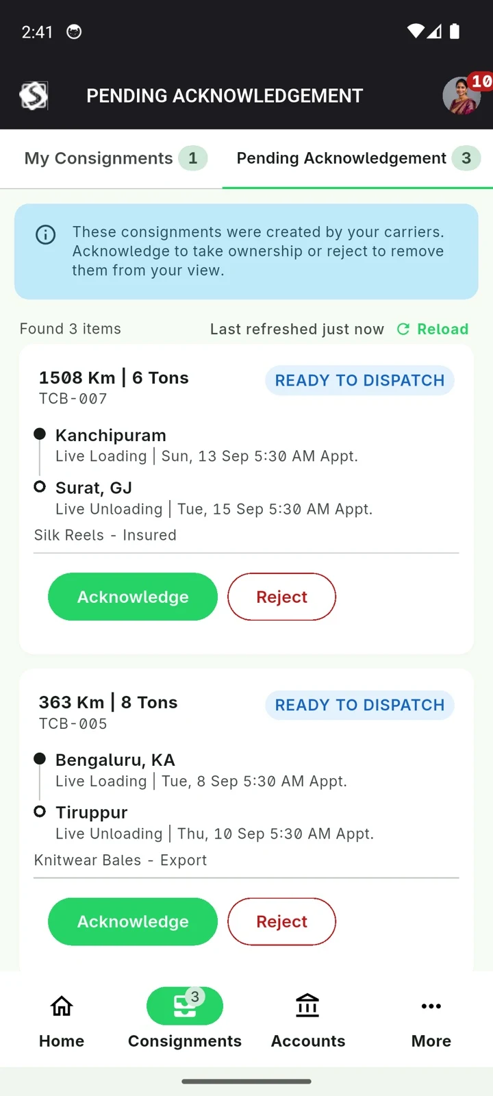 Consignments created by carriers, each with Acknowledge and Reject