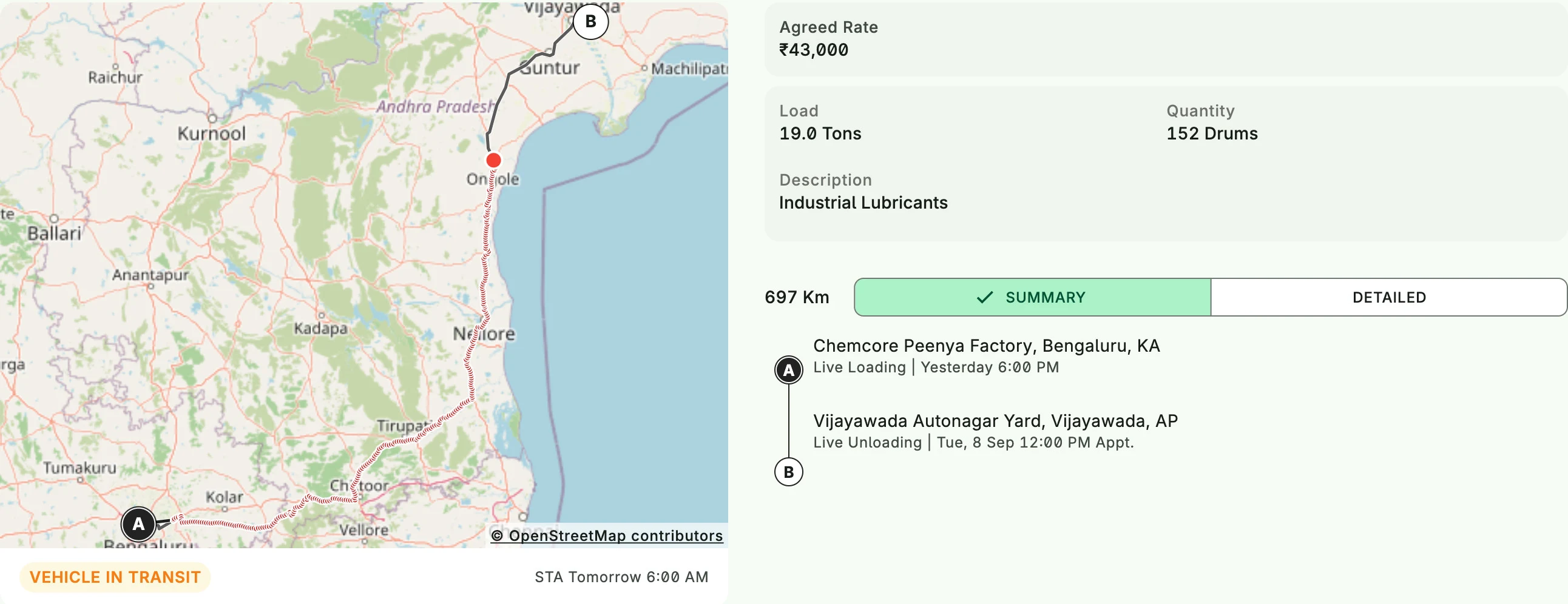 Consignment in transit on the map with expected arrival, load details and e-way bill number