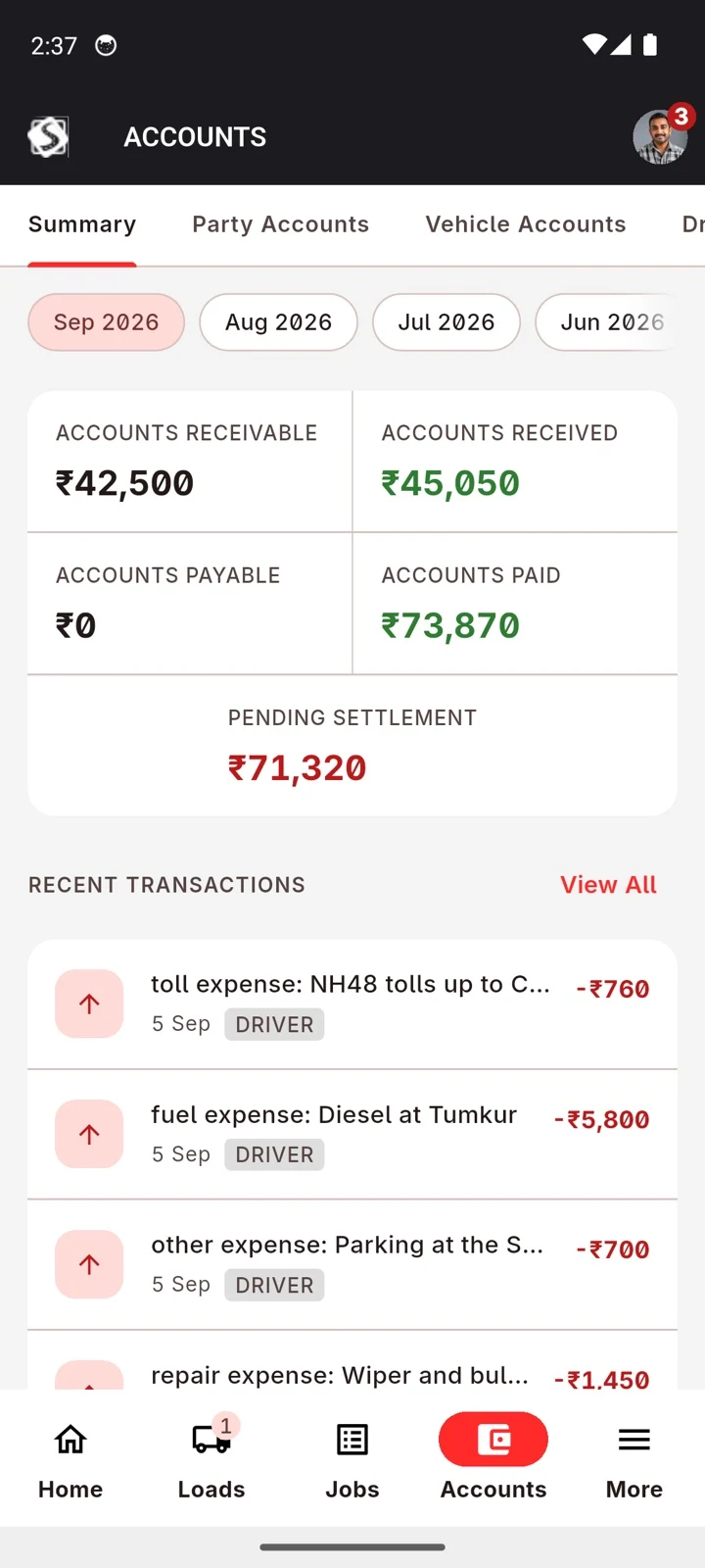 Accounts on the phone: receivable, received, pending settlement and trip expenses
