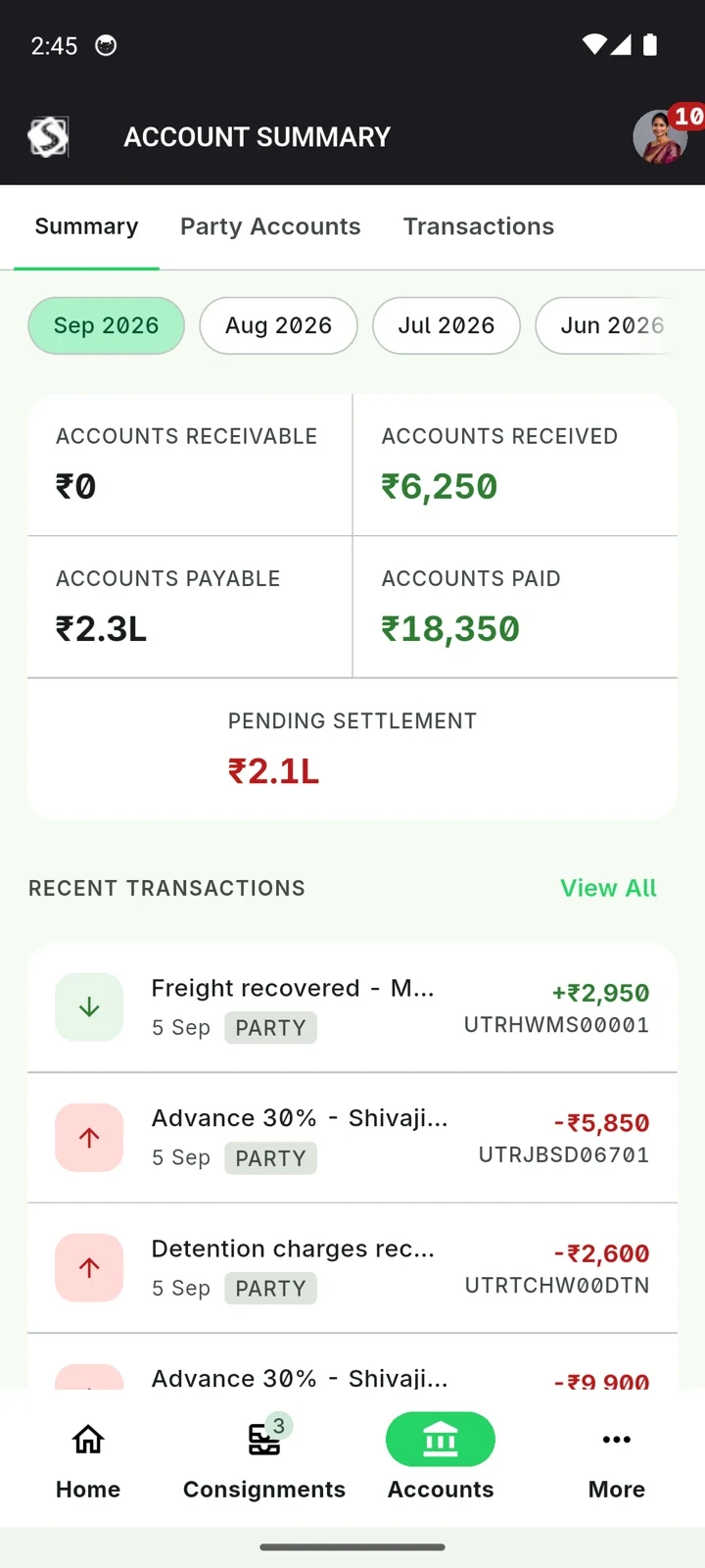 Account summary on the phone: payable, paid, pending settlement and recent payments