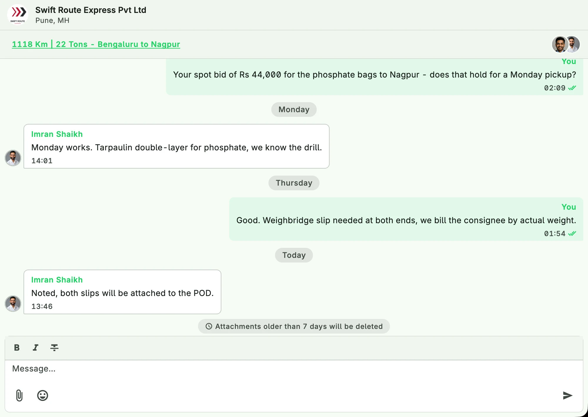 Messages grouped by consignment, with a spot market offer and a conversation with one carrier