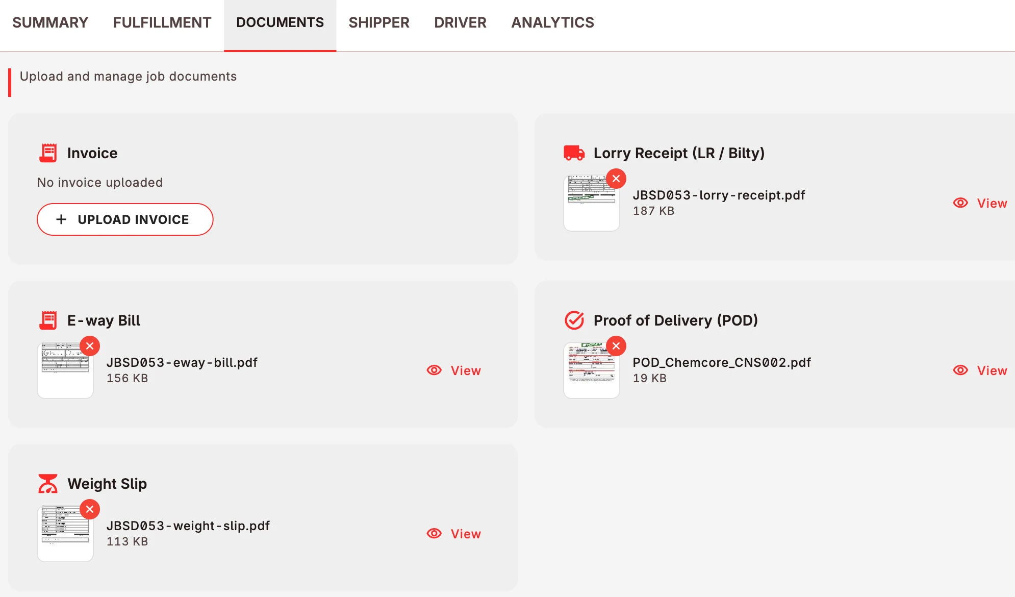 Delivered job with its lorry receipt, e-way bill, proof of delivery and weight slip attached