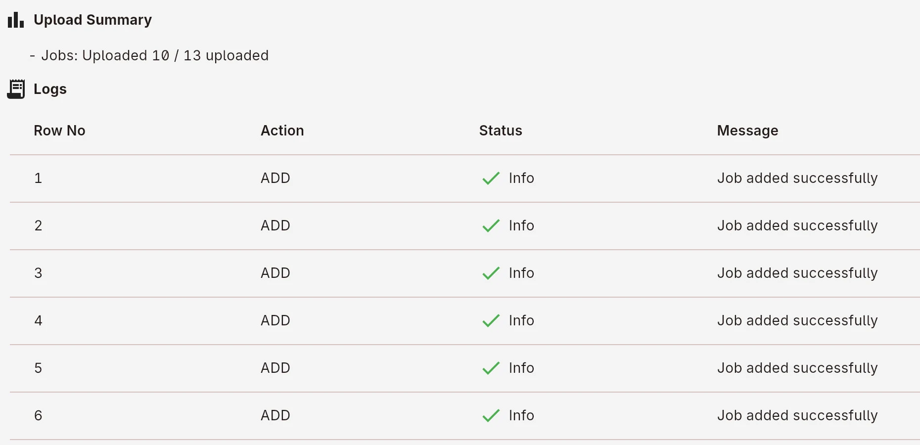 The upload result: Uploaded 10 / 13, and the first rows of the log, each one added