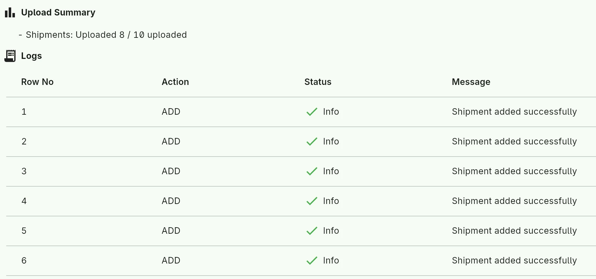 The upload result: Uploaded 8 / 10, and the first rows of the log, each one added